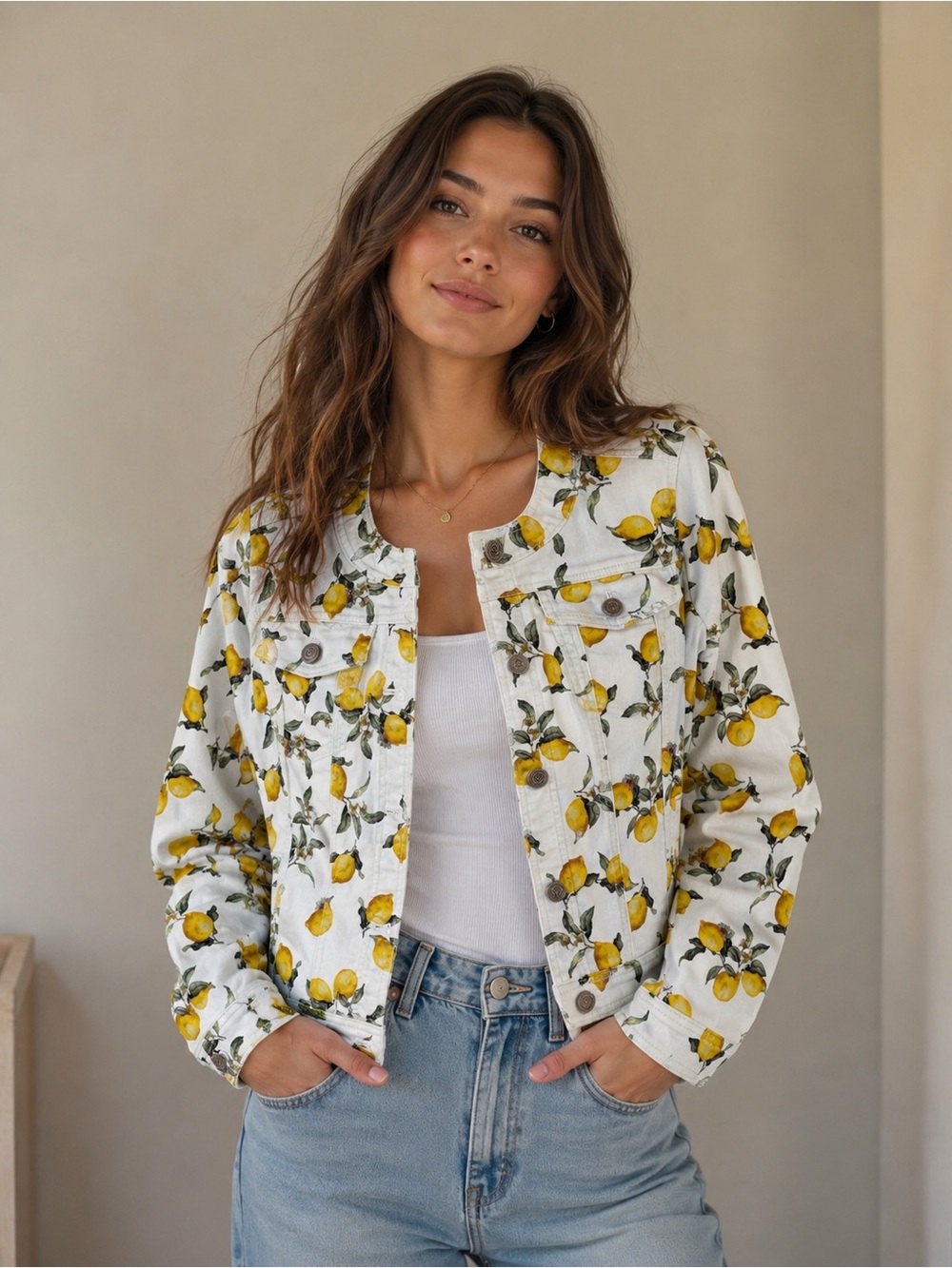 White House Black Market White Lemon-Print Denim Jacket